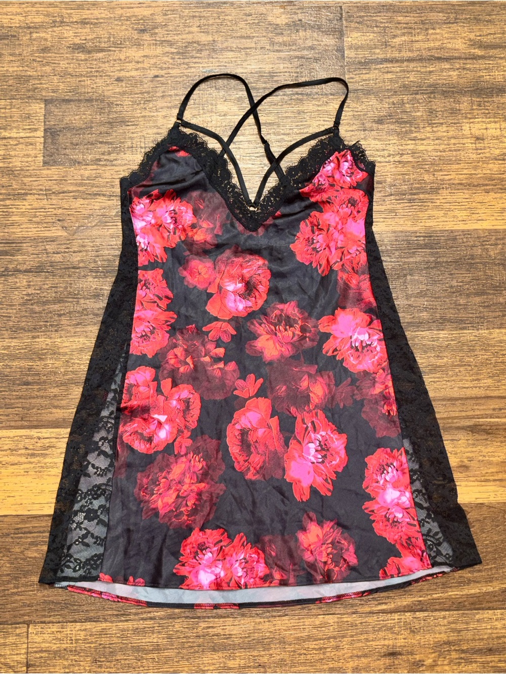 Victoria's Secret Black Slip Dress with Red Floral Print